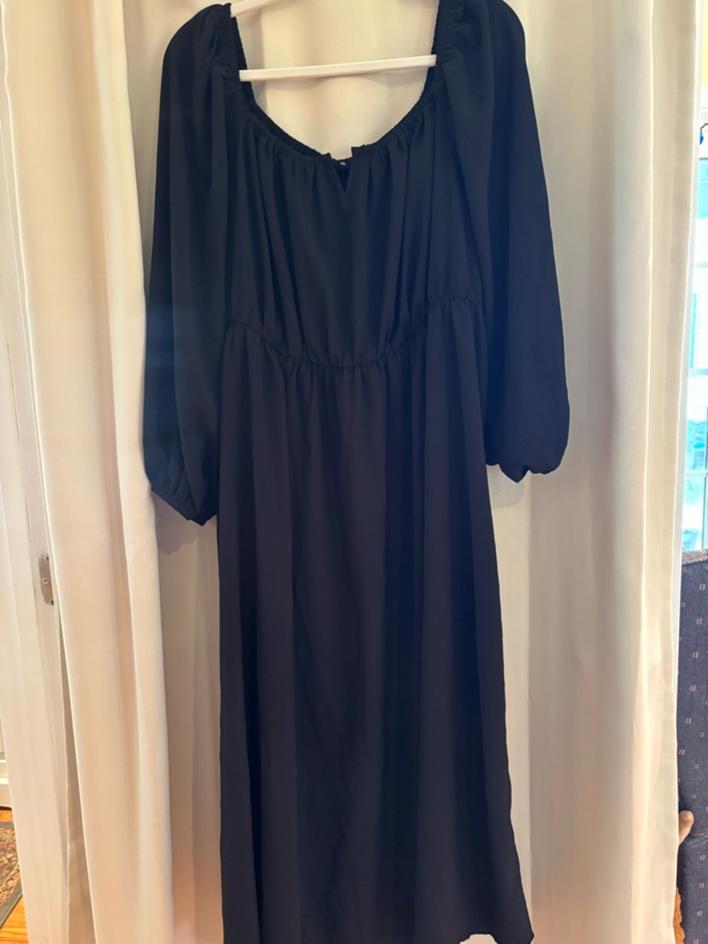 Women’s Black Long Sleeve Midi Dress - Classic Scoop Neck - Picture 3 of 5